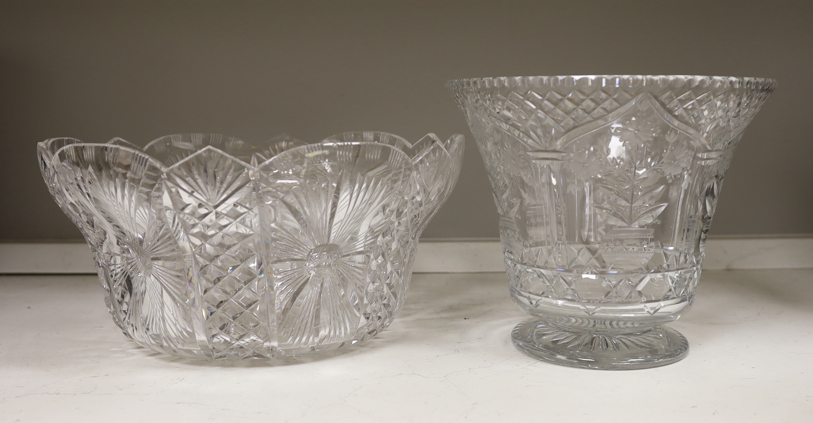 Two early 20th century large cut glass bowls, largest 38cm diameter